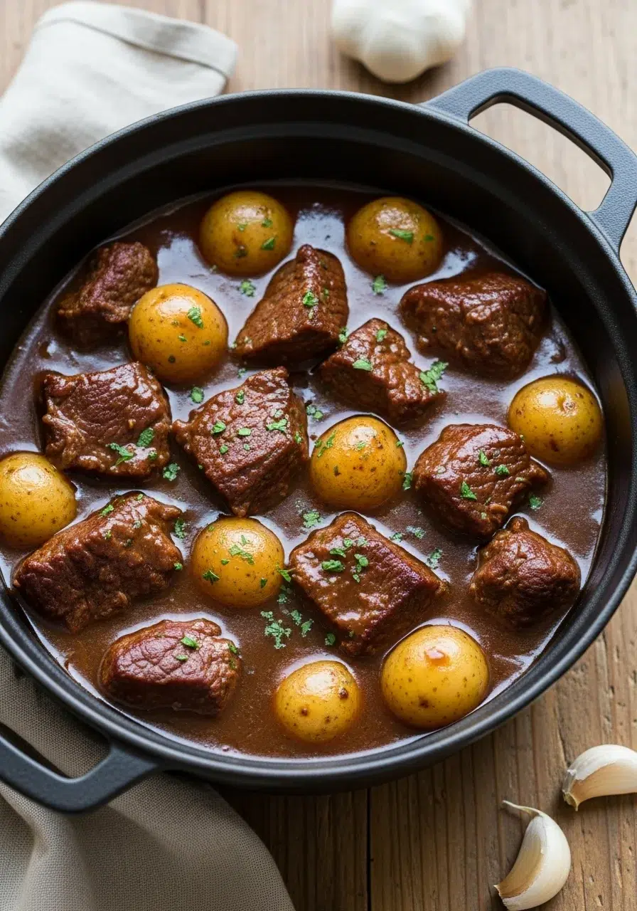 Crockpot Garlic Butter Beef Bites with Potatoes - final dish