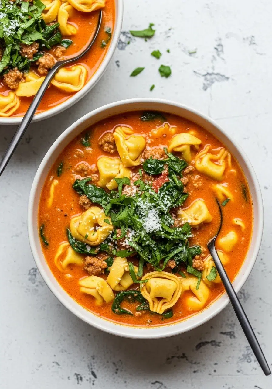 Crockpot Tortellini Soup with Beef Sausage - final dish