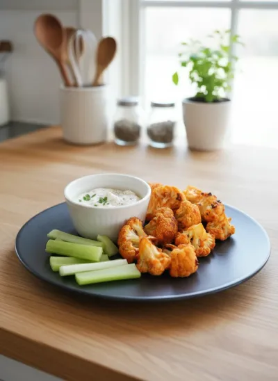 Crispy Cauliflower Buffalo Bites with a zesty dipping sauce