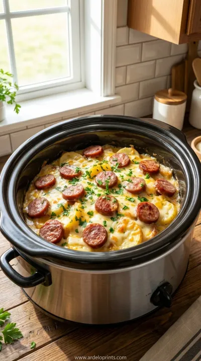 Crockpot Cheesy Potatoes & Beef Sausage Recipe