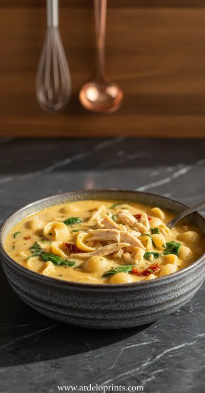 A cozy bowl of Marry Me Chicken Soup with fresh basil.