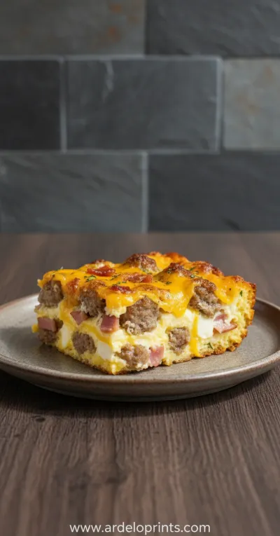 Crack Breakfast Casserole with cheesy hash browns, turkey ham, and beef sausage.