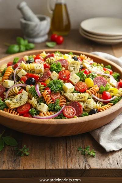 A vibrant bowl of antipasto pasta salad with mozzarella, olives, and fresh tomatoes.