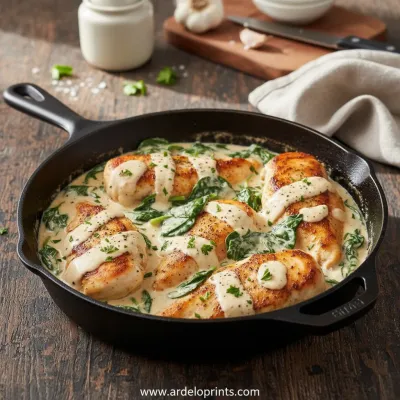 Creamy Spinach Garlic Chicken in a skillet