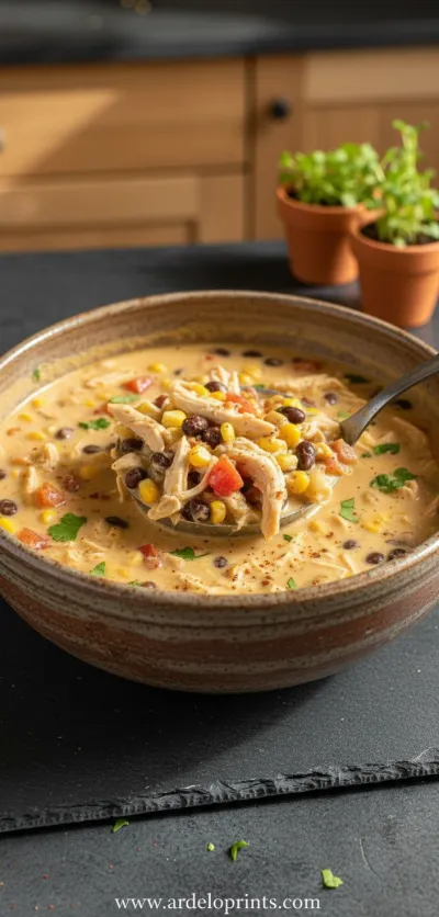 A warm bowl of easy Chicken Taco Soup topped with cheese and avocado.
