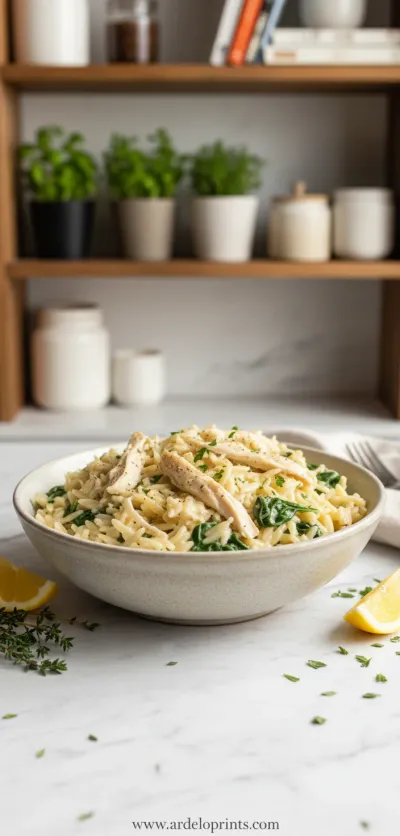 A bowl of creamy lemon chicken orzo with fresh parsley.