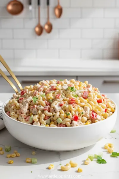 A white bowl filled with classic creamy chicken macaroni salad