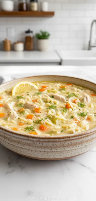 A cozy bowl of Lemon Chicken Orzo Soup garnished with fresh dill.