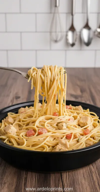 A warm serving of Crock Pot Cheesy Chicken Spaghetti in a white bowl.