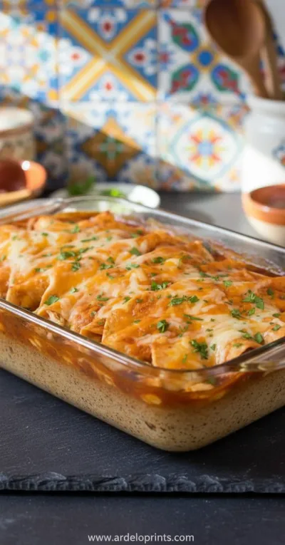 A baking dish of the best chicken enchiladas, covered in red sauce and melted cheese.