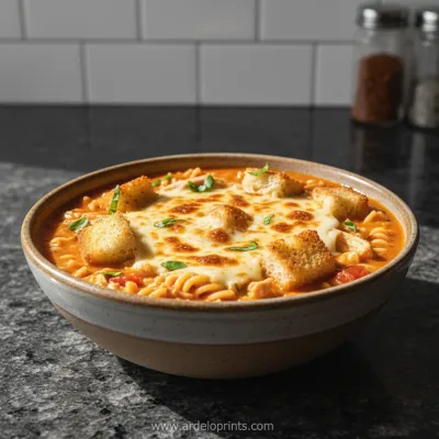 A warm bowl of Crock Pot Chicken Parmesan Soup with croutons and fresh basil.