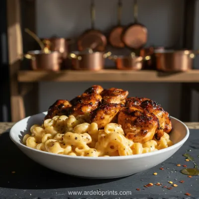 A close-up of sweet and spicy honey pepper chicken served in a white bowl with rice.