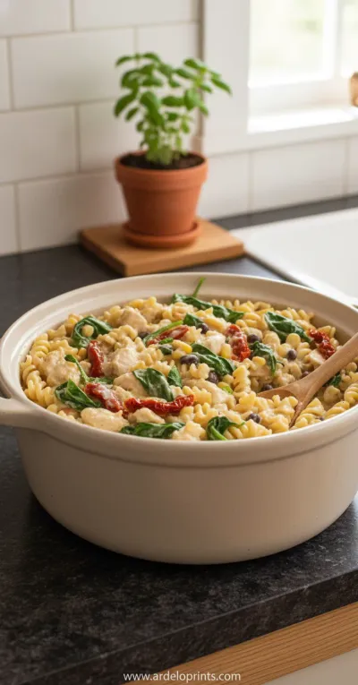 A warm bowl of crockpot creamy chicken gnocchi soup with fresh spinach