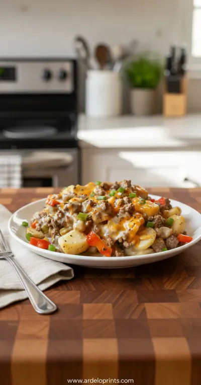 Crockpot Cheesesteak Potato Casserole - ready to serve