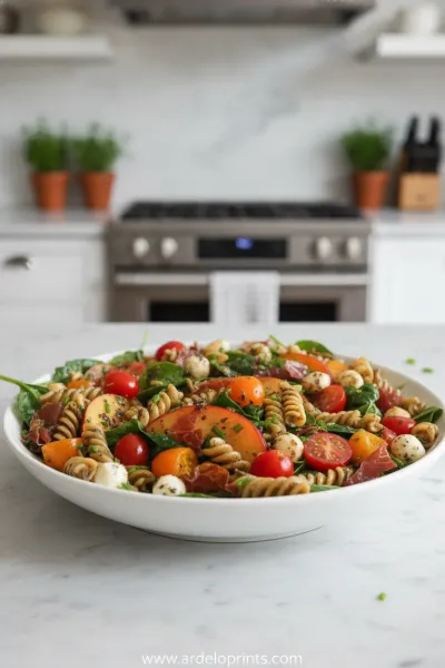 Summer Pasta Salad with Peaches, Spinach and Tomatoes - ready to serve