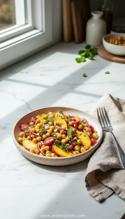 Chickpea Peach Salad with Honey Lime Dressing - ready to serve