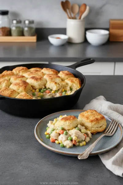Chicken Pot Pie Casserole with Biscuits - ready to serve