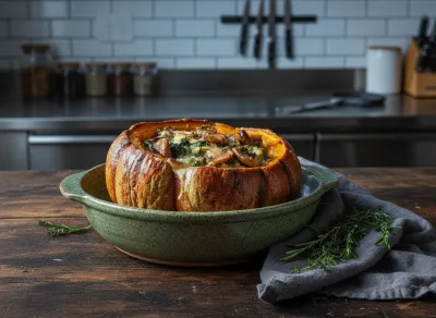 Mushroom & Spinach Stuffed Pumpkin Recipe - ready to serve