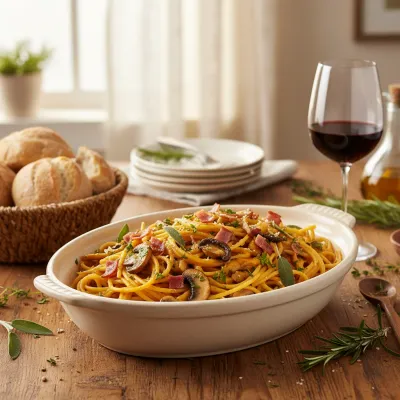 Pumpkin Mushroom Spaghetti with Crispy Turkey Ham