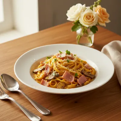 Pumpkin Mushroom Spaghetti with Crispy Turkey Ham - ready to serve